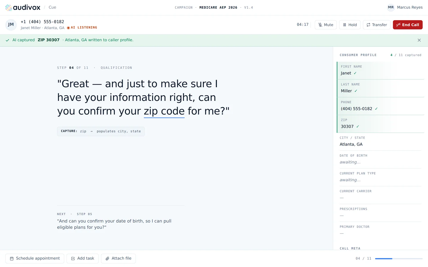 The Cue call workspace: the current script step held large on screen while the consumer profile fills in on the right as the customer answers.