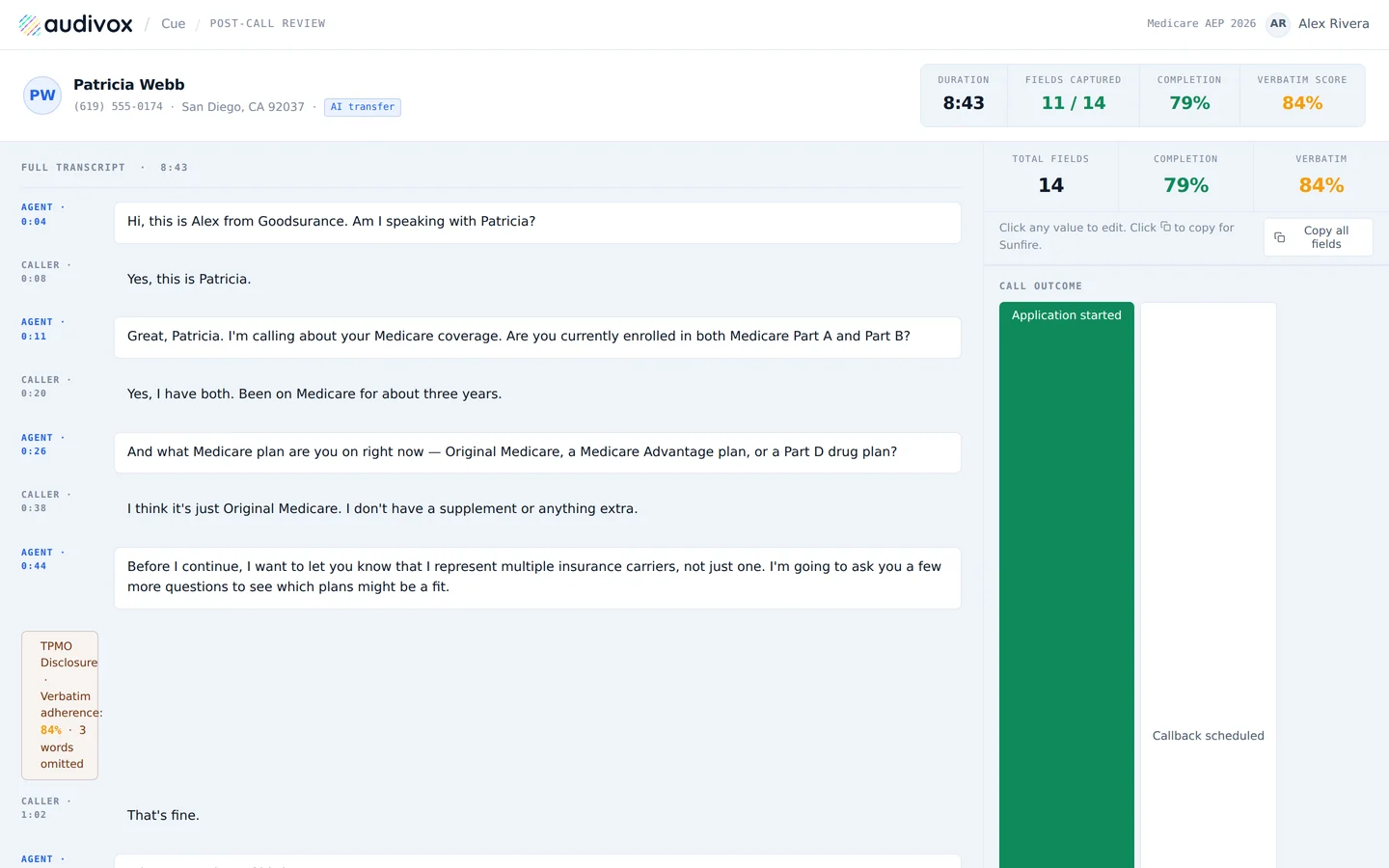 Post-call review with the transcript on the left and captured fields, completion and verbatim scores on the right.