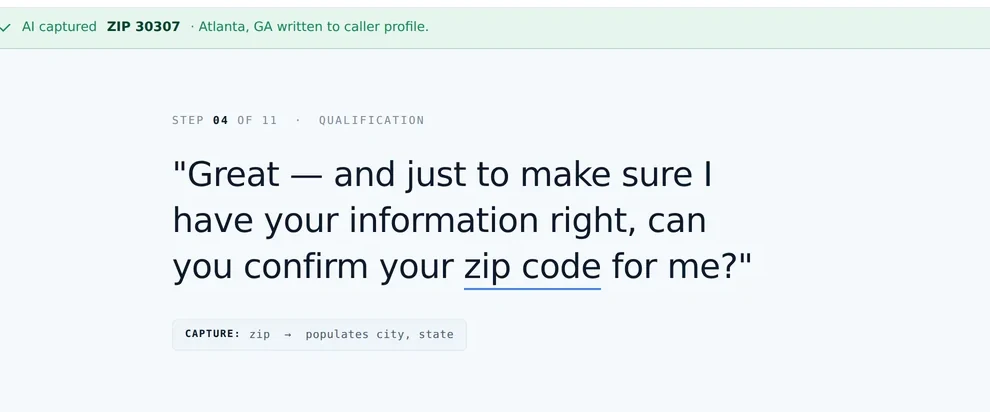A single script step held large on screen, with the AI capture banner confirming the ZIP was written to the caller profile.